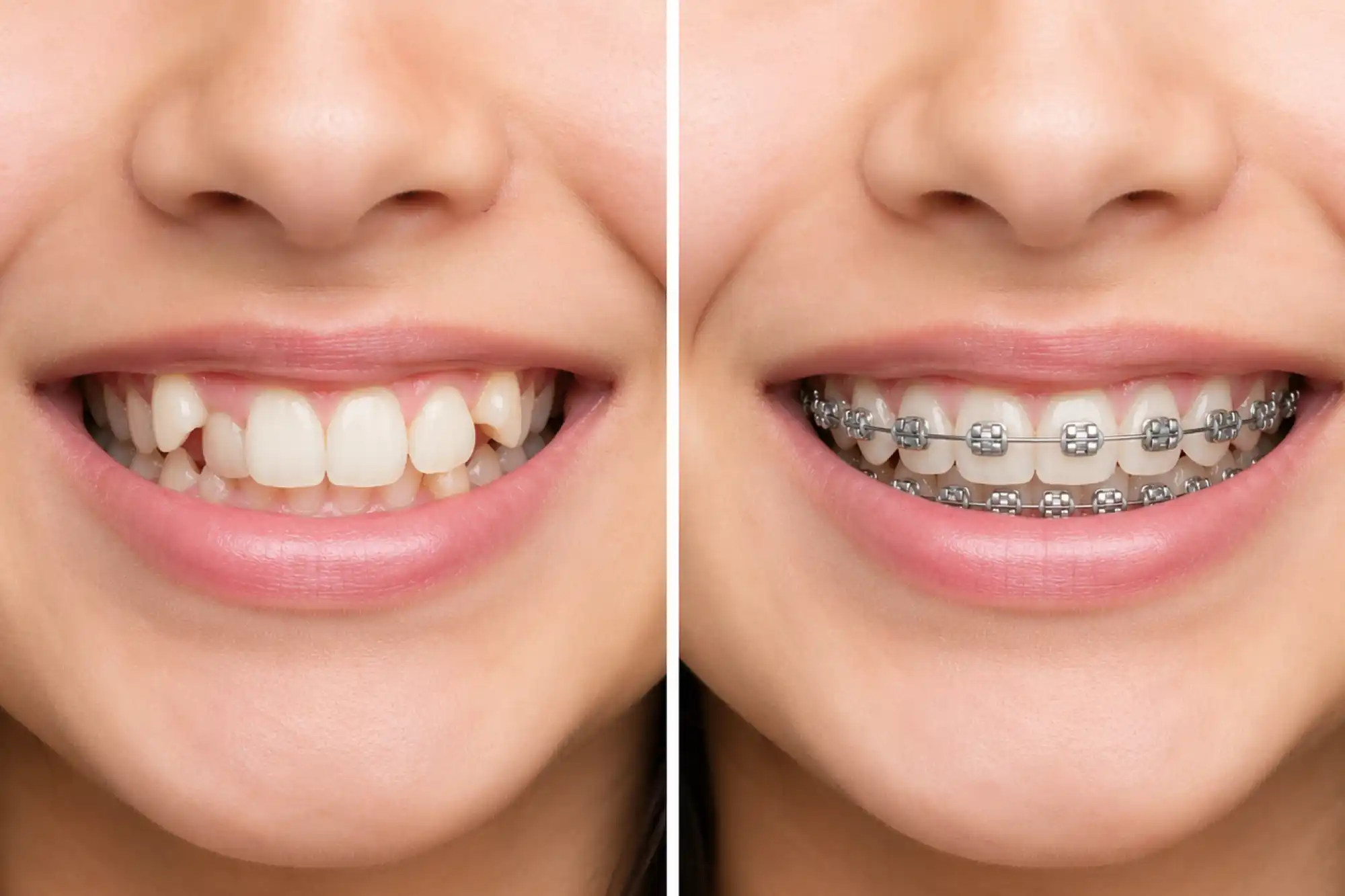 Left side — crooked teeth, Right side — straight teeth after braces